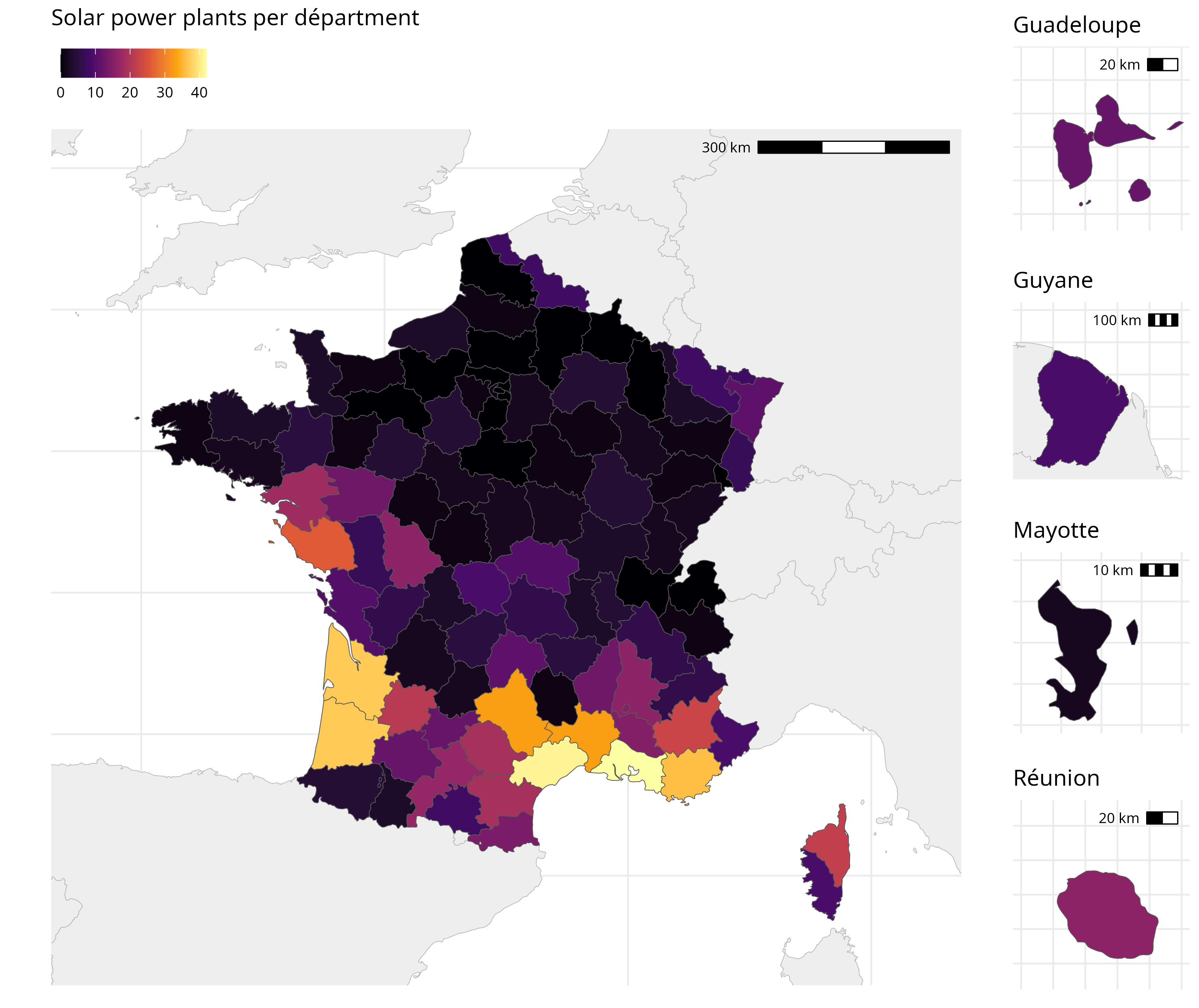 A map of solar power plants in France, including overseas
territories.