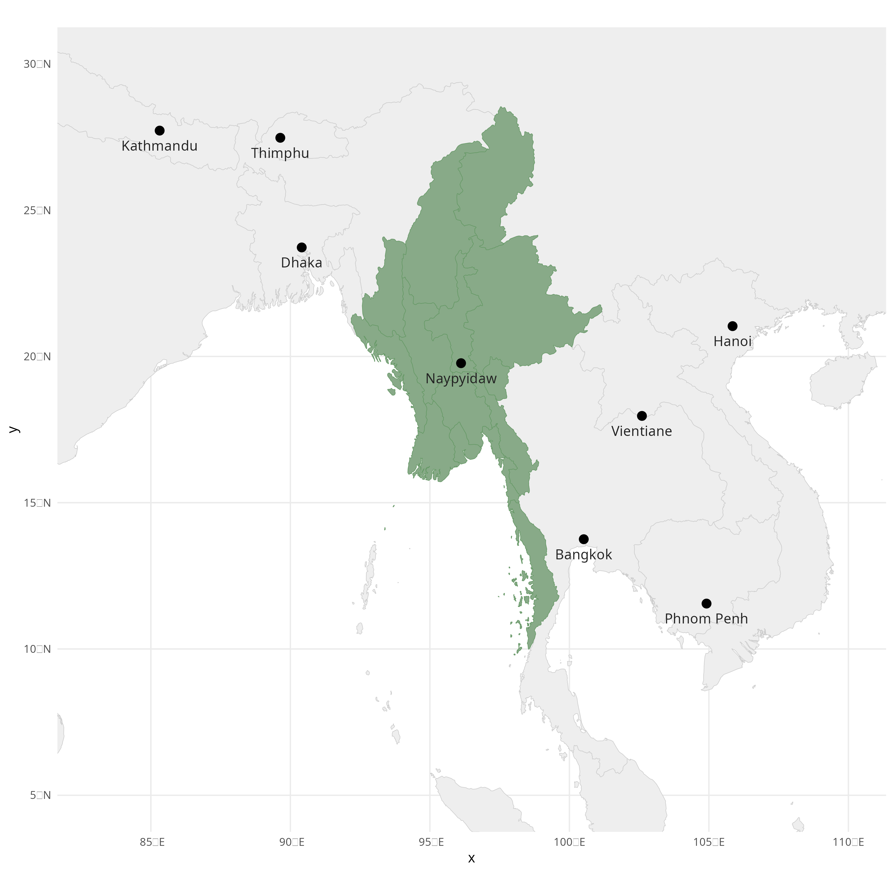 A map of Myanmar with the capitals of the
region.